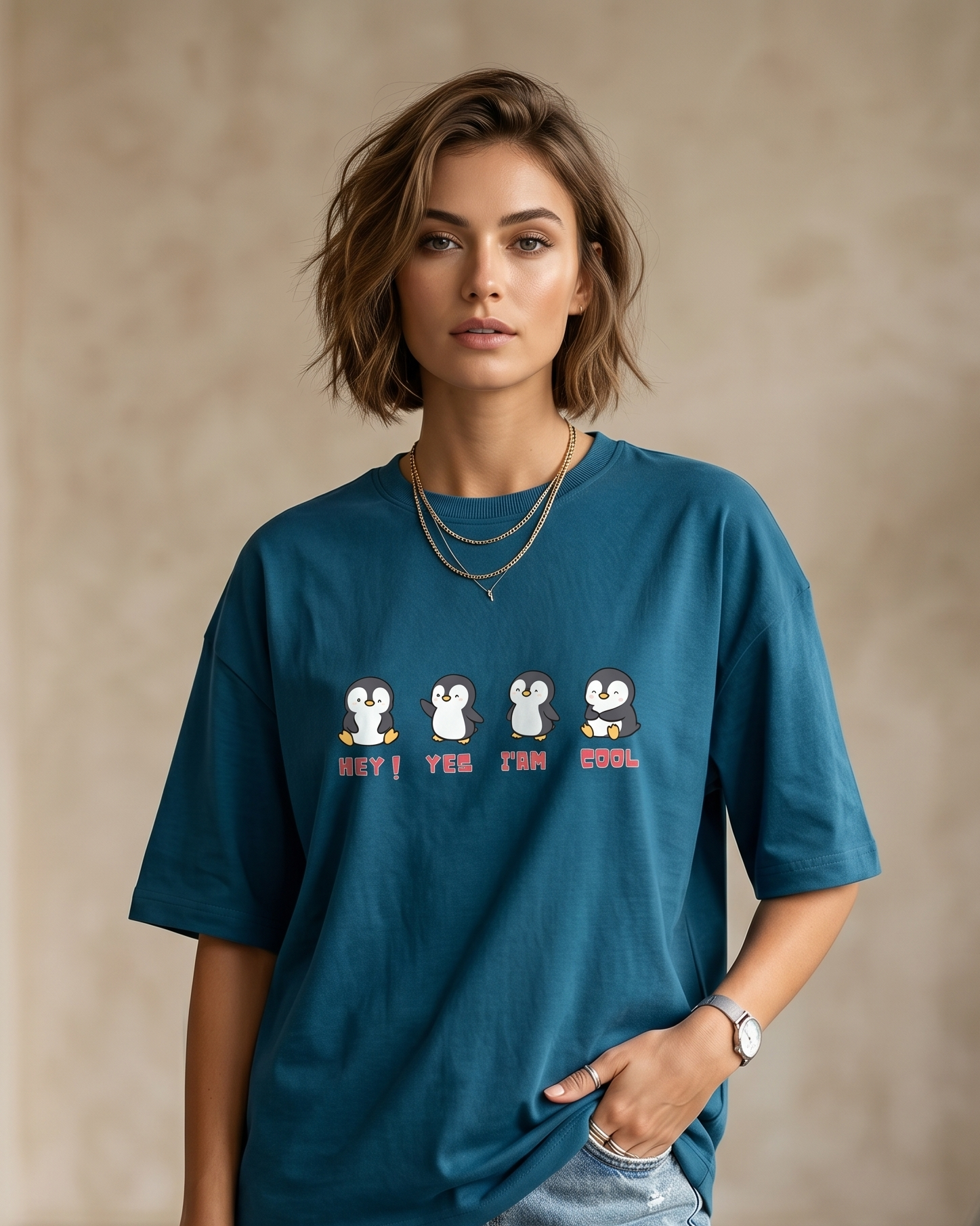 Penguin Print Peacock Oversized T-Shirt - Image 2