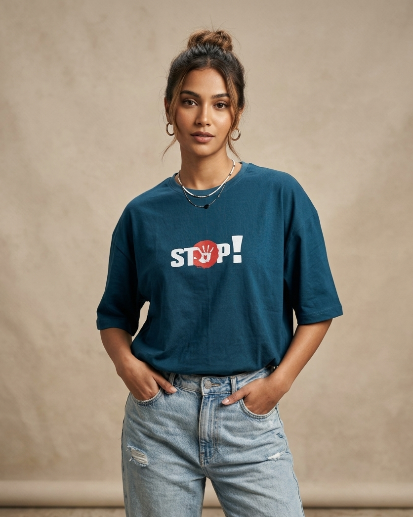 Stop Text Print Peacock Color Oversized Unisex T-Shirt - Image 5