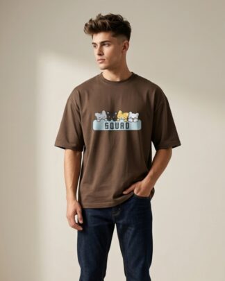 Brown oversized t-shirt with squad cat graphic print unisex streetwear boxy tee