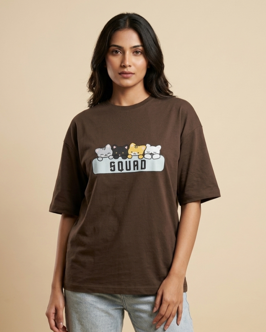 Squad Cat Print Brown Oversized Unisex T-Shirt - Image 5