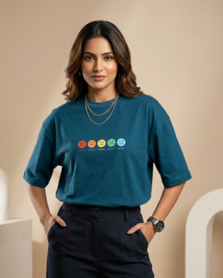 Focus Mood emoji print blue oversized t-shirt unisex streetwear model wearing cotton oversized tee