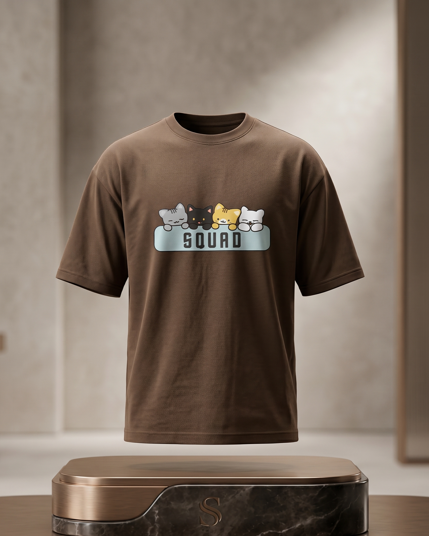 Squad Cat Print Brown Oversized Unisex T-Shirt - Image 3