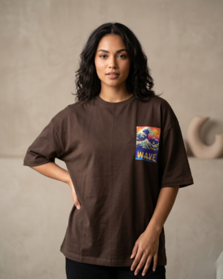 Wave Graphic Brown Oversized T-Shirt