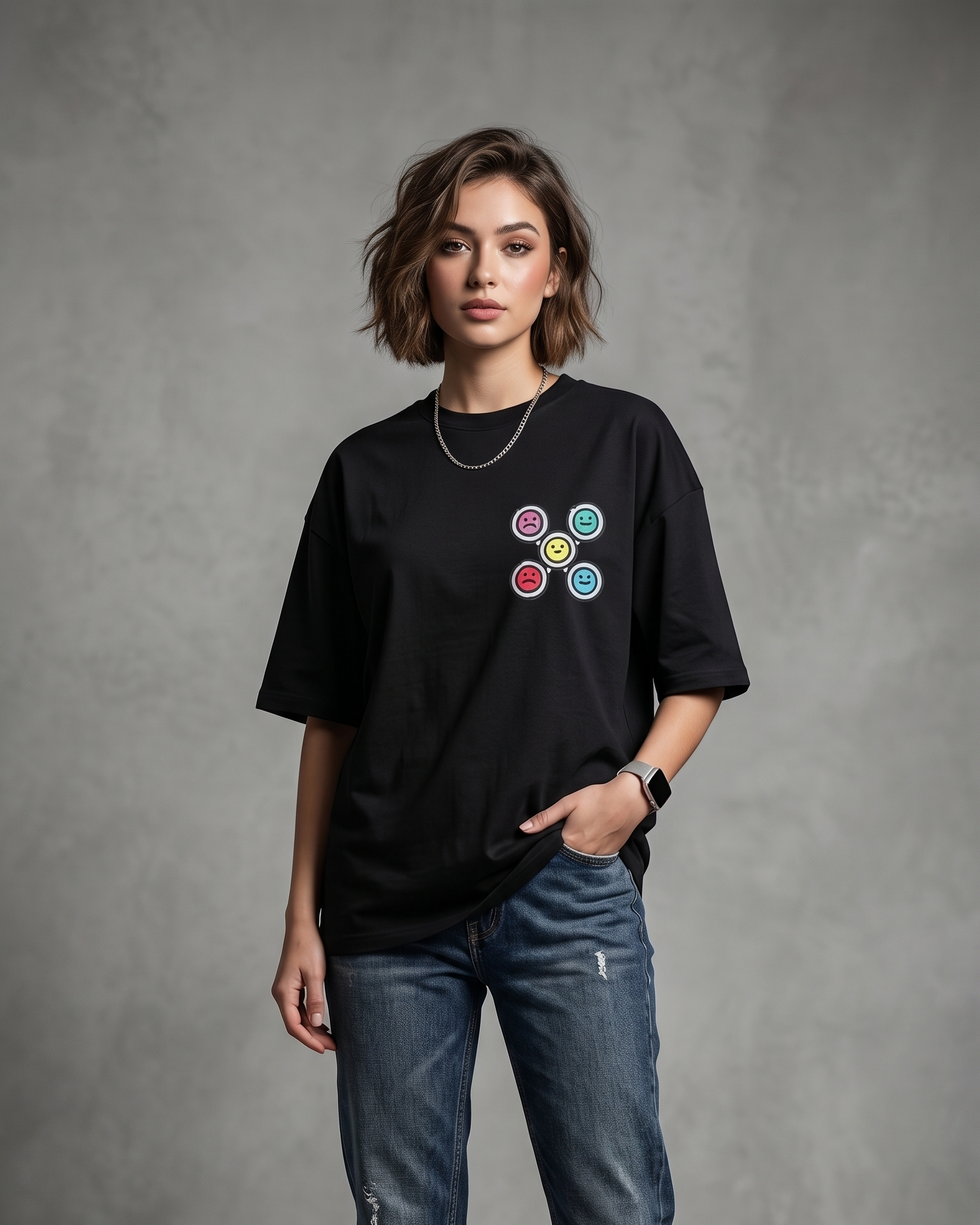 Mood Faces Graphic Black Oversized Unisex T-Shirt