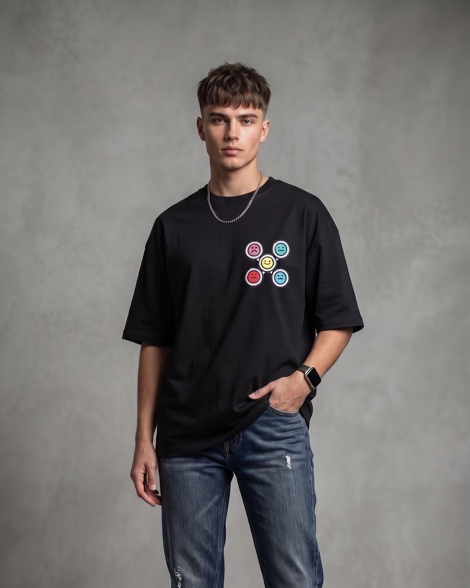 Mood Faces Graphic Black Oversized Unisex T-Shirt | 240 GSM Cotton - Image 5