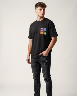 Black Oversized T-Shirt with Cute Mood Faces Graphic | Premium Cotton Unisex Tee by OyeWear