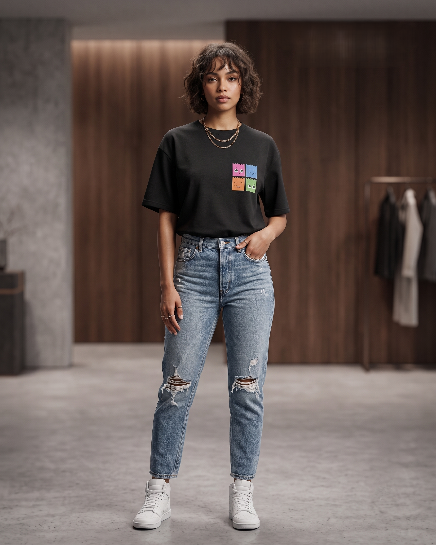 Black Oversized T-Shirt | Cute Mood Faces Graphic Unisex Tee - Image 2