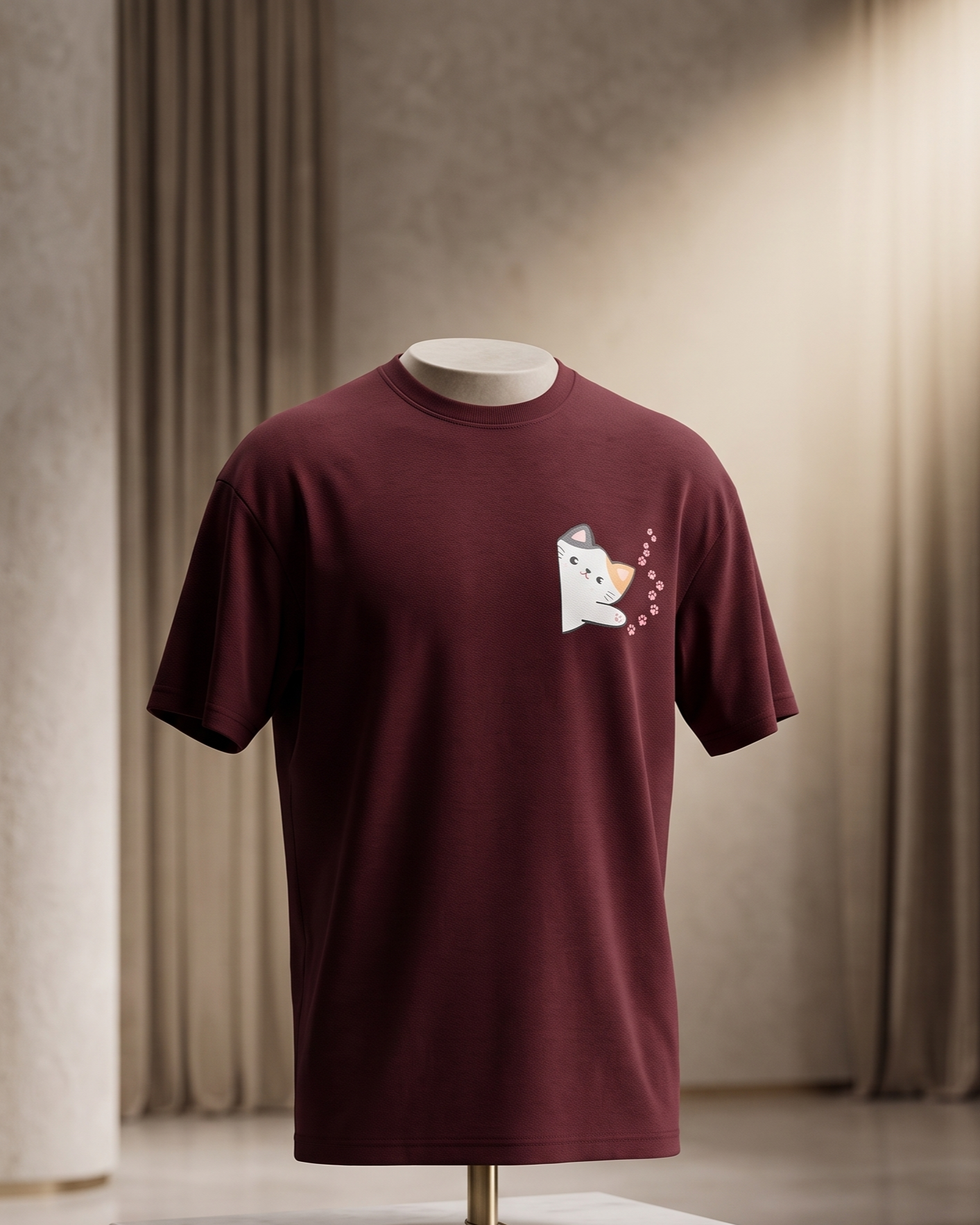 Cute Cat Pocket Oversized T-Shirt – Wine | 240 GSM Premium Cotton - Image 4