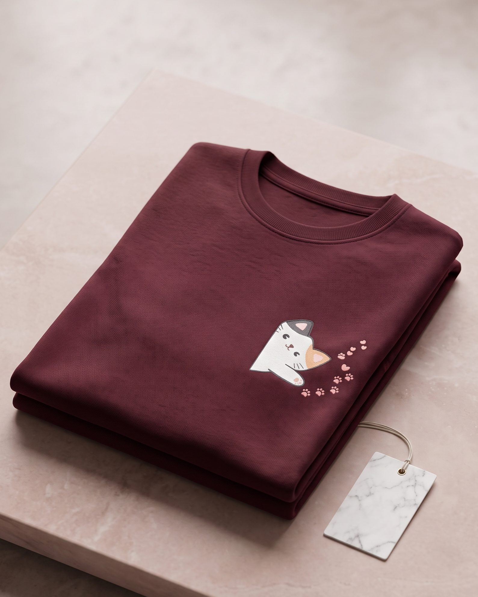 Cute Cat Pocket Oversized T-Shirt – Wine | 240 GSM Premium Cotton - Image 5