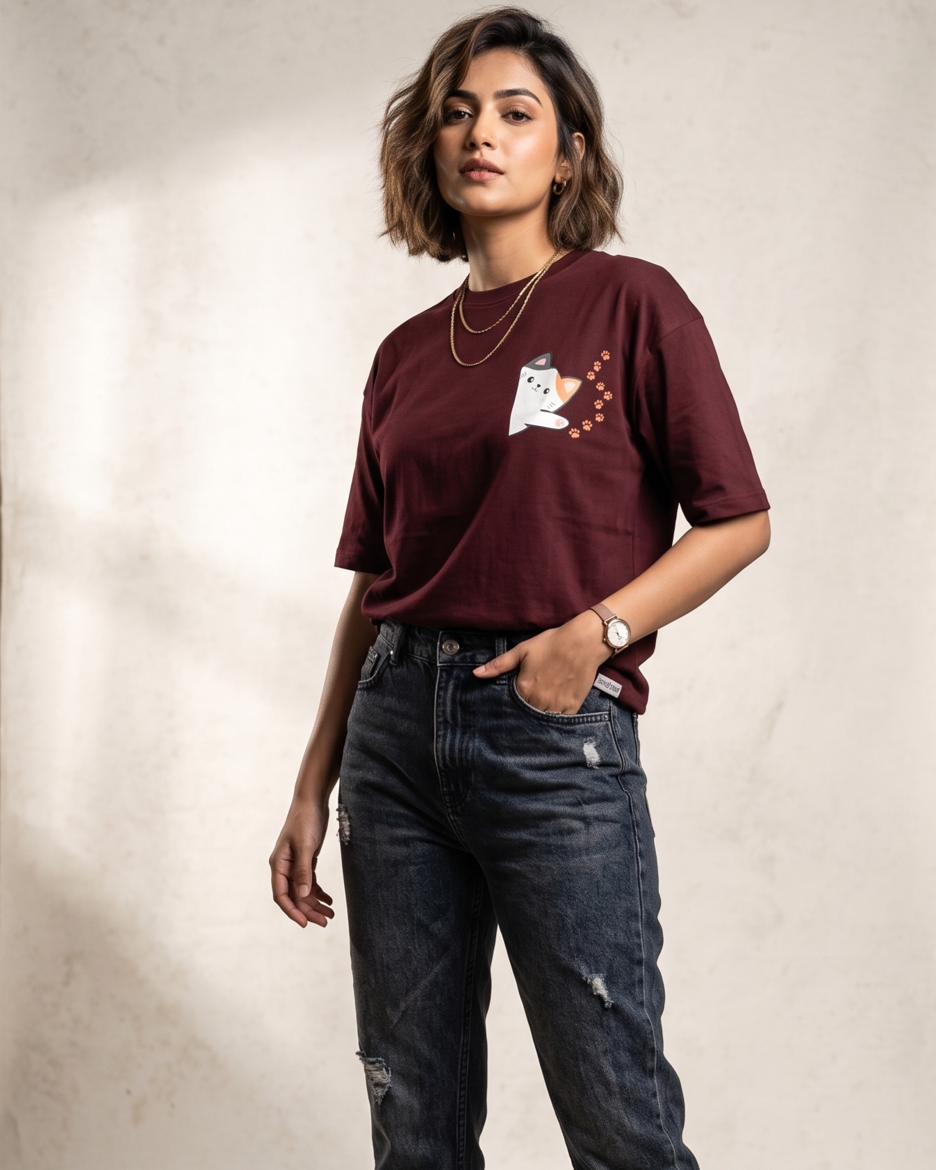 Cute Cat Pocket Oversized T-Shirt – Wine | 240 GSM Premium Cotton
