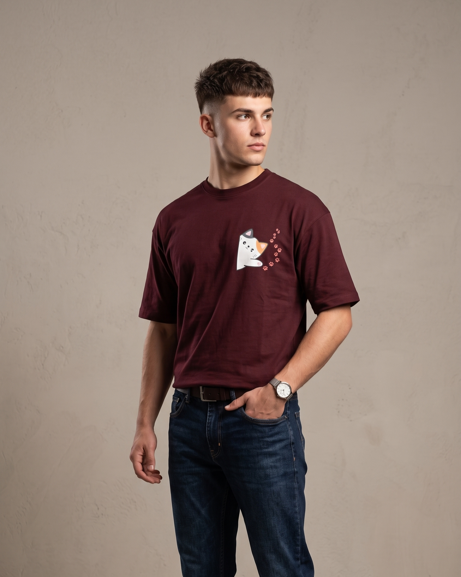 Cute Cat Pocket Oversized T-Shirt – Wine | 240 GSM Premium Cotton - Image 2