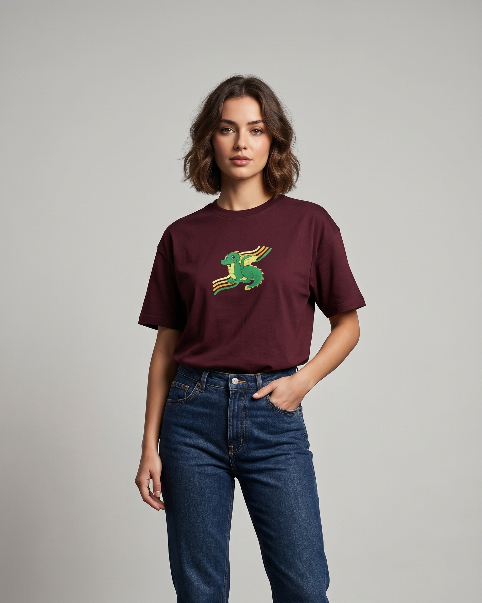 Cute Green Dragon Embroidery Oversized T-Shirt – Wine | 240 GSM Premium Cotton | Unisex - Image 3