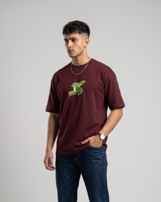 Green Dragon Embroidery Oversized T-Shirt in Wine Color – 240 GSM Premium Cotton Unisex Tee