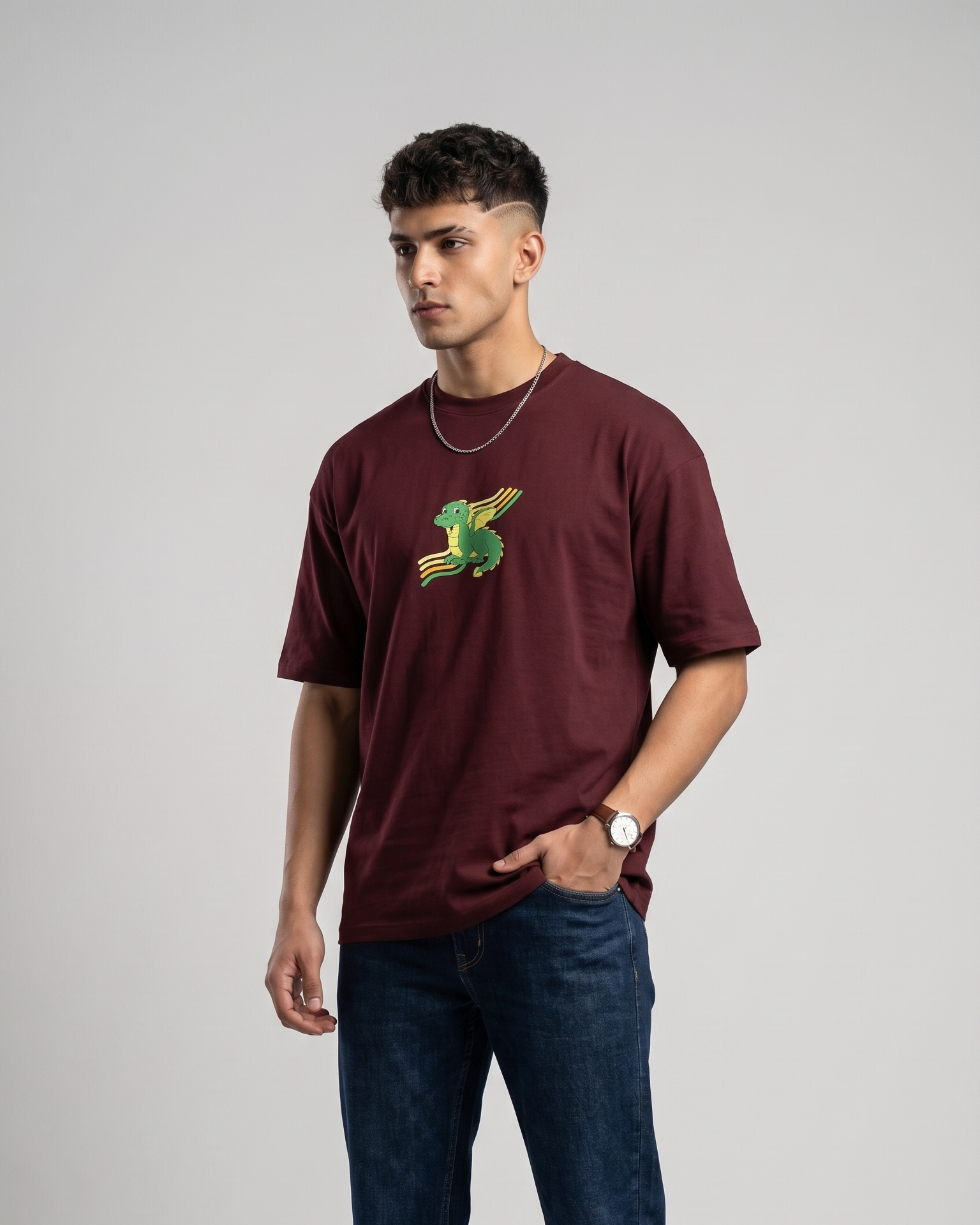 Green Dragon Embroidery Oversized T-Shirt in Wine Color – 240 GSM Premium Cotton Unisex Tee