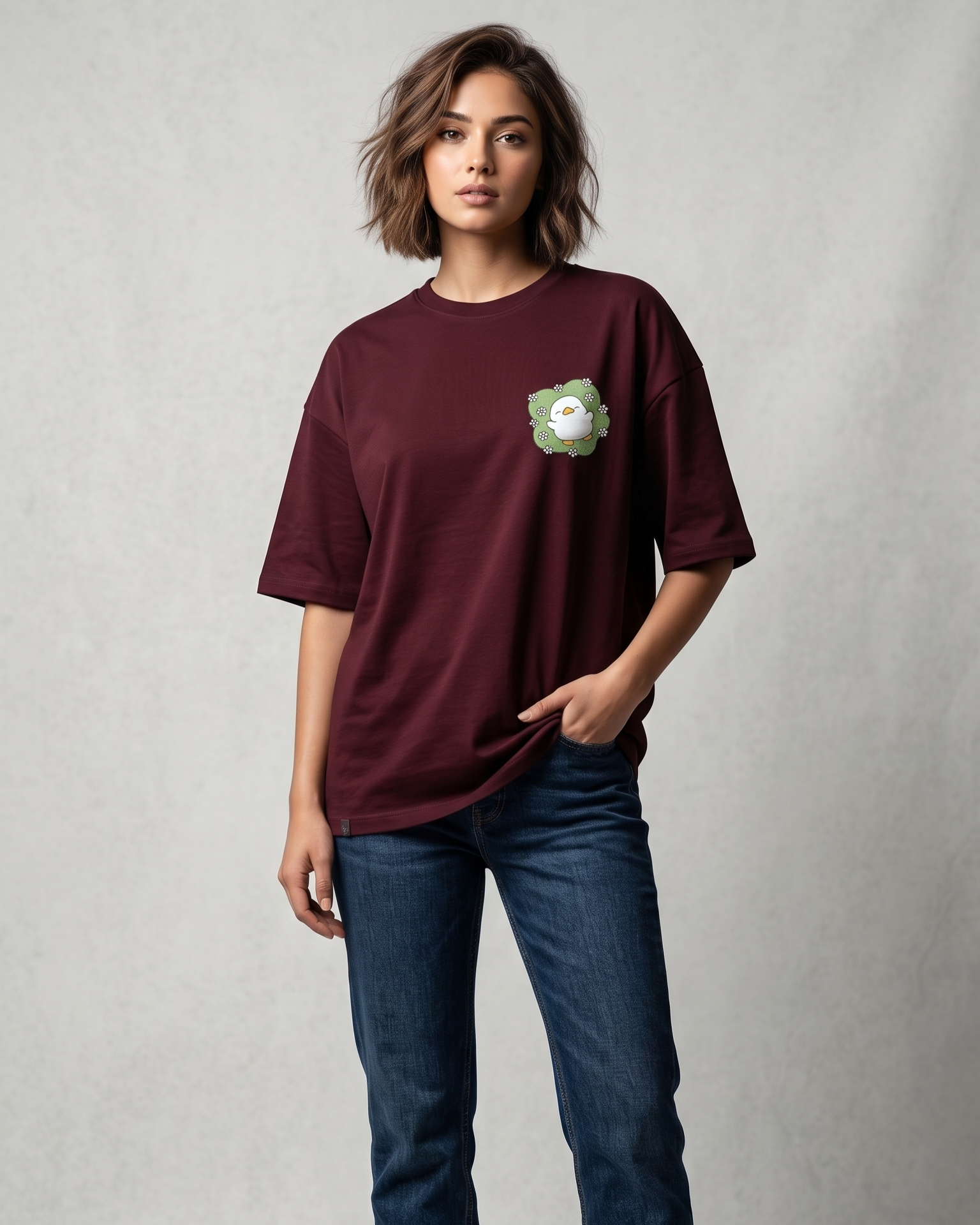 Cute Duck Floral Pocket Print Wine Oversized Unisex T-Shirt | 240 GSM Cotton