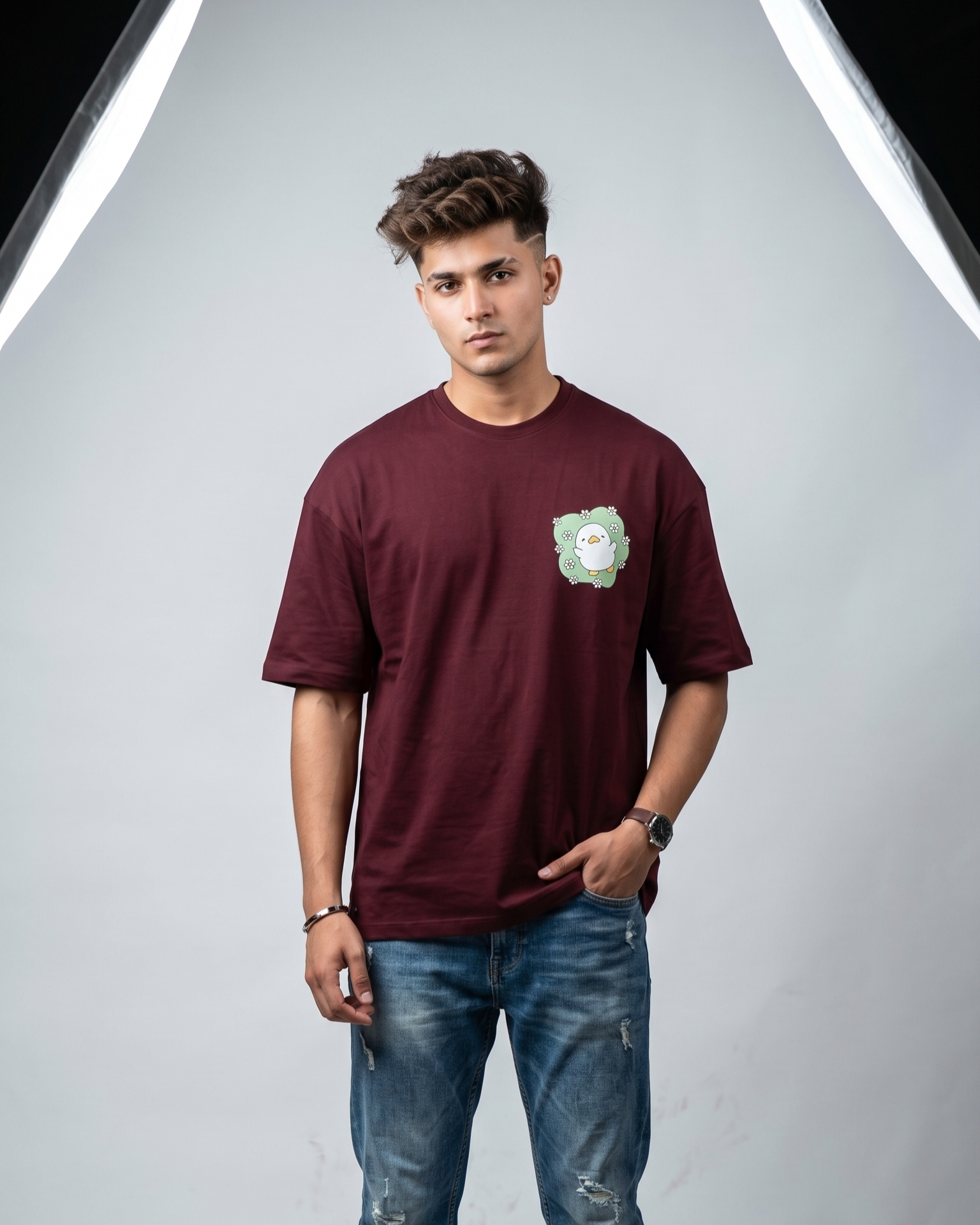 Cute Duck Floral Pocket Print Wine Oversized Unisex T-Shirt