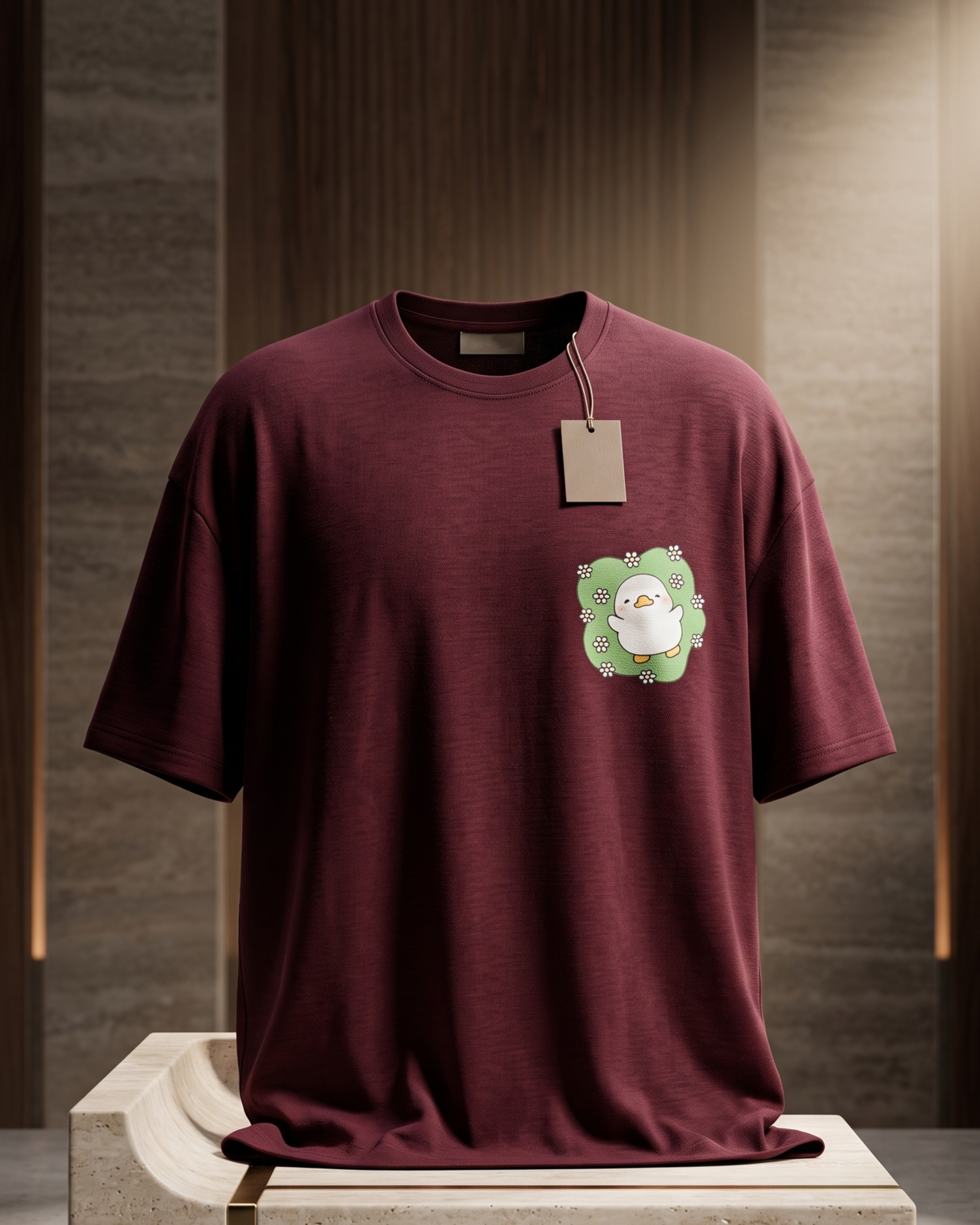 Cute Duck Floral Pocket Print Wine Oversized Unisex T-Shirt | 240 GSM Cotton - Image 5