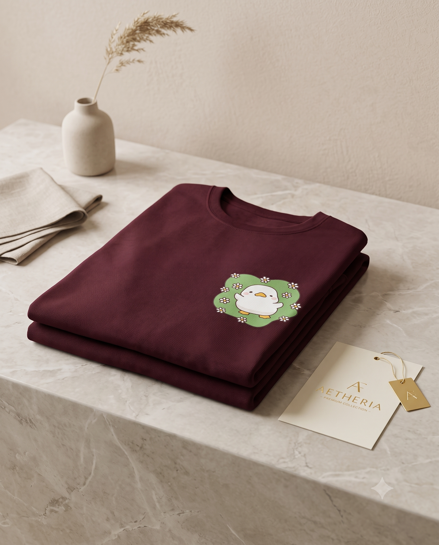 Cute Duck Floral Pocket Print Wine Oversized Unisex T-Shirt | 240 GSM Cotton - Image 4