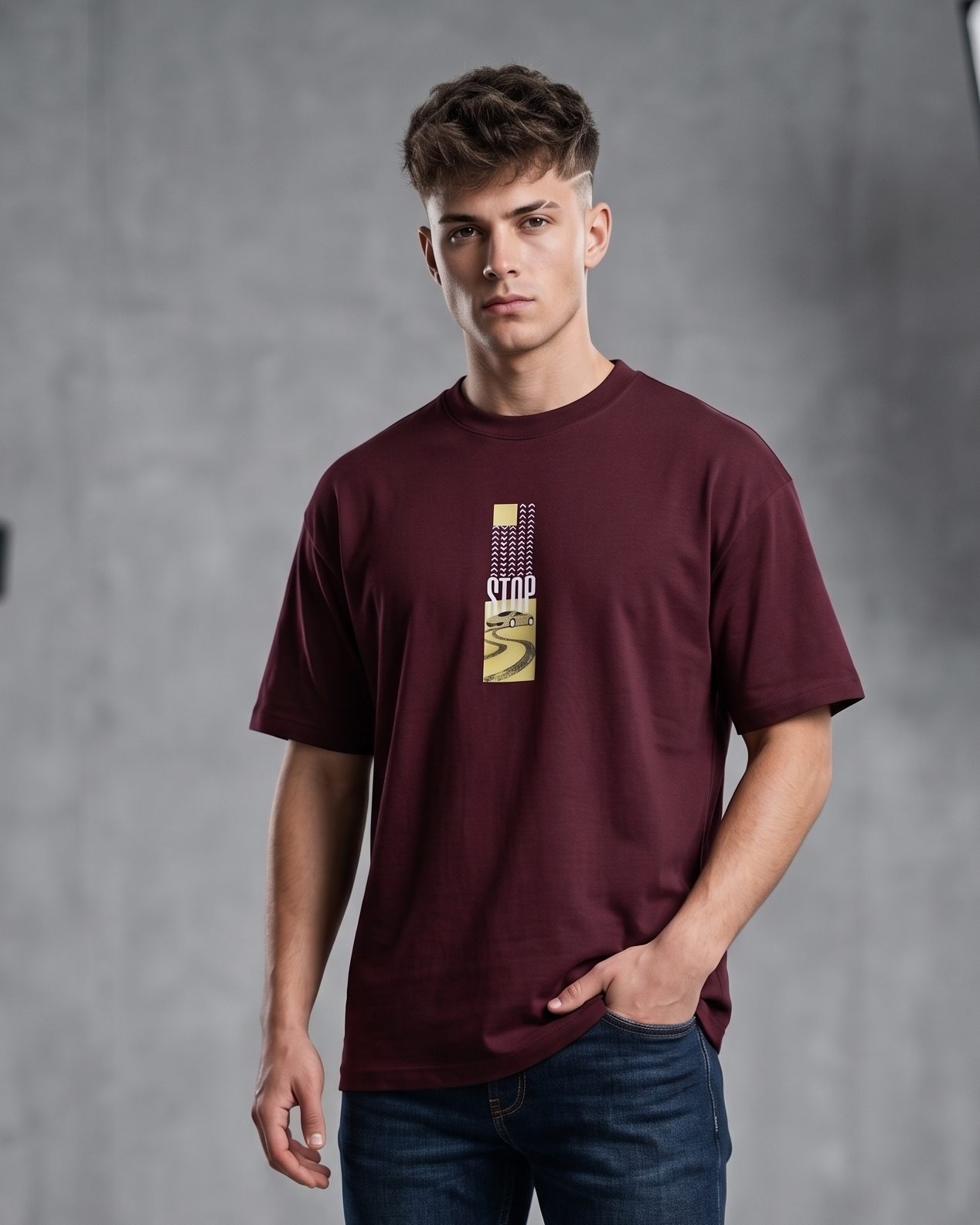 Wine Oversized T-Shirt with Stop Road Graphic Print | Premium Cotton Unisex T-Shirt by OyeWear