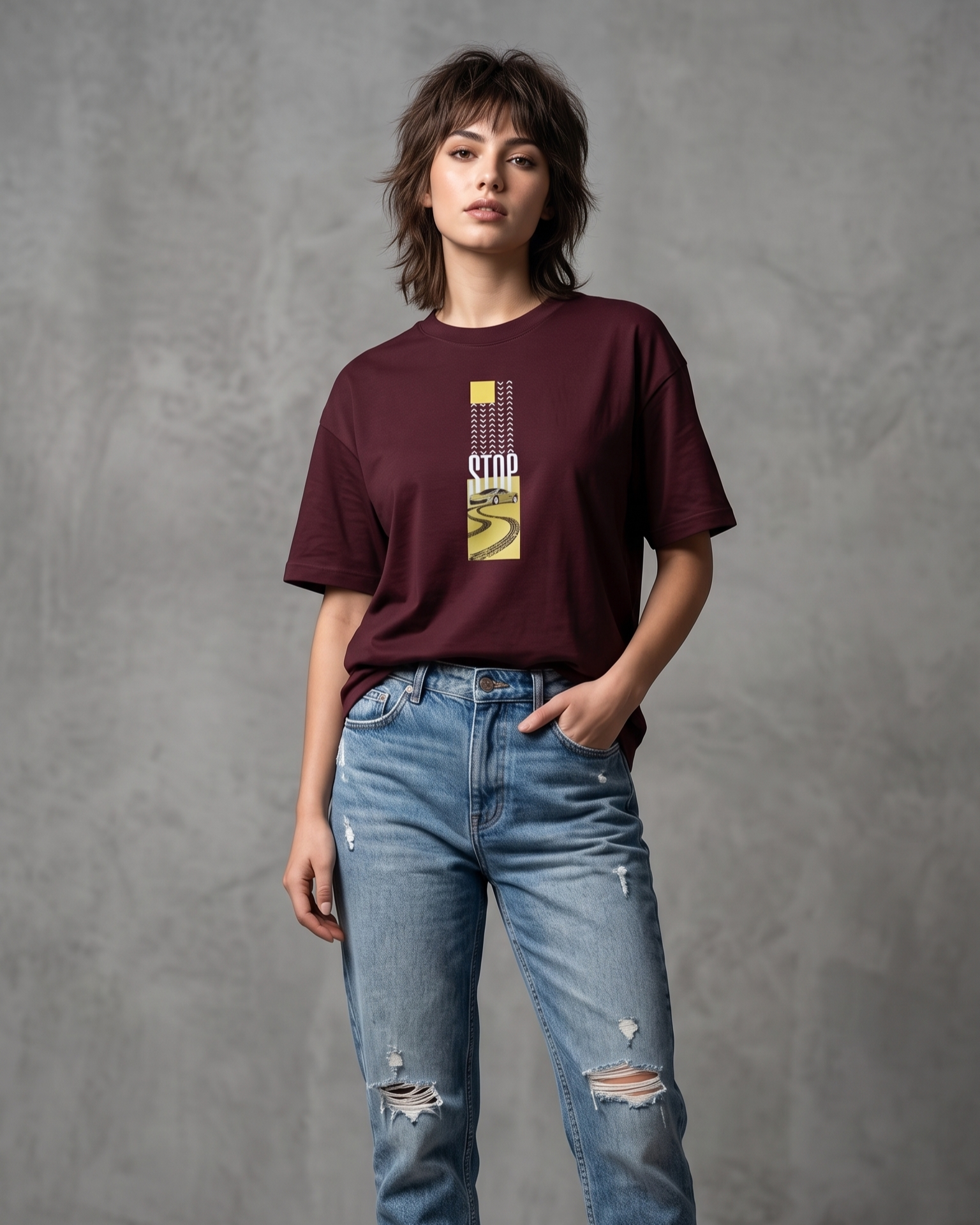 Wine Oversized T-Shirt | Stop Road Graphic Unisex T-Shirt - Image 2