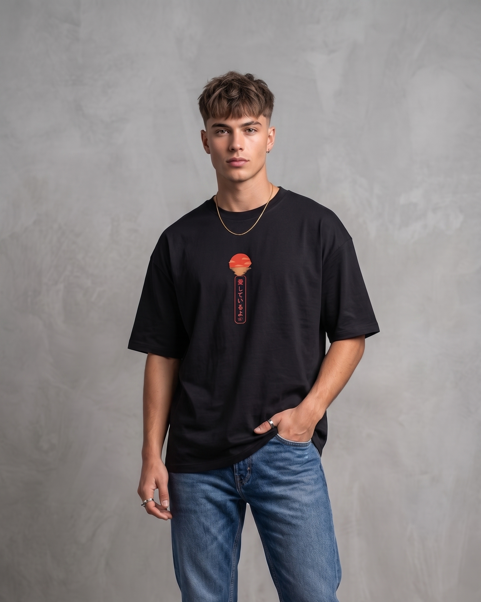Japanese Sunset Black Oversized Unisex T-Shirt | 240 GSM Cotton - Image 2